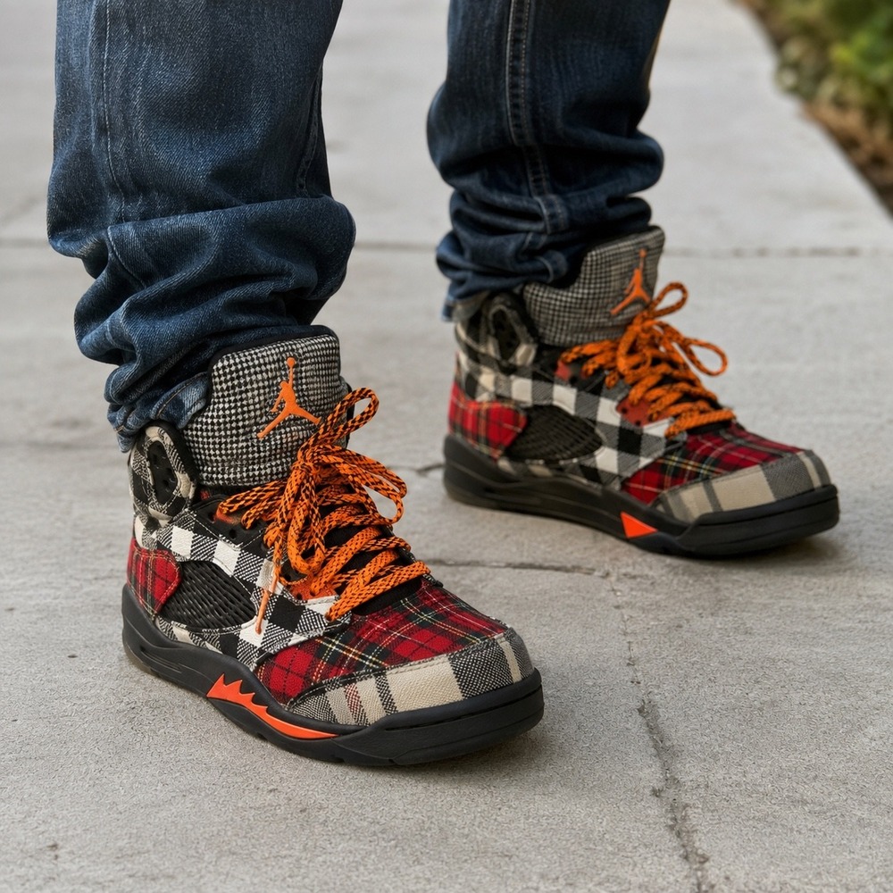 Jordan 5 Retro SE Plaid GS Kids Shoes Multi-Color Total Orange 1Y